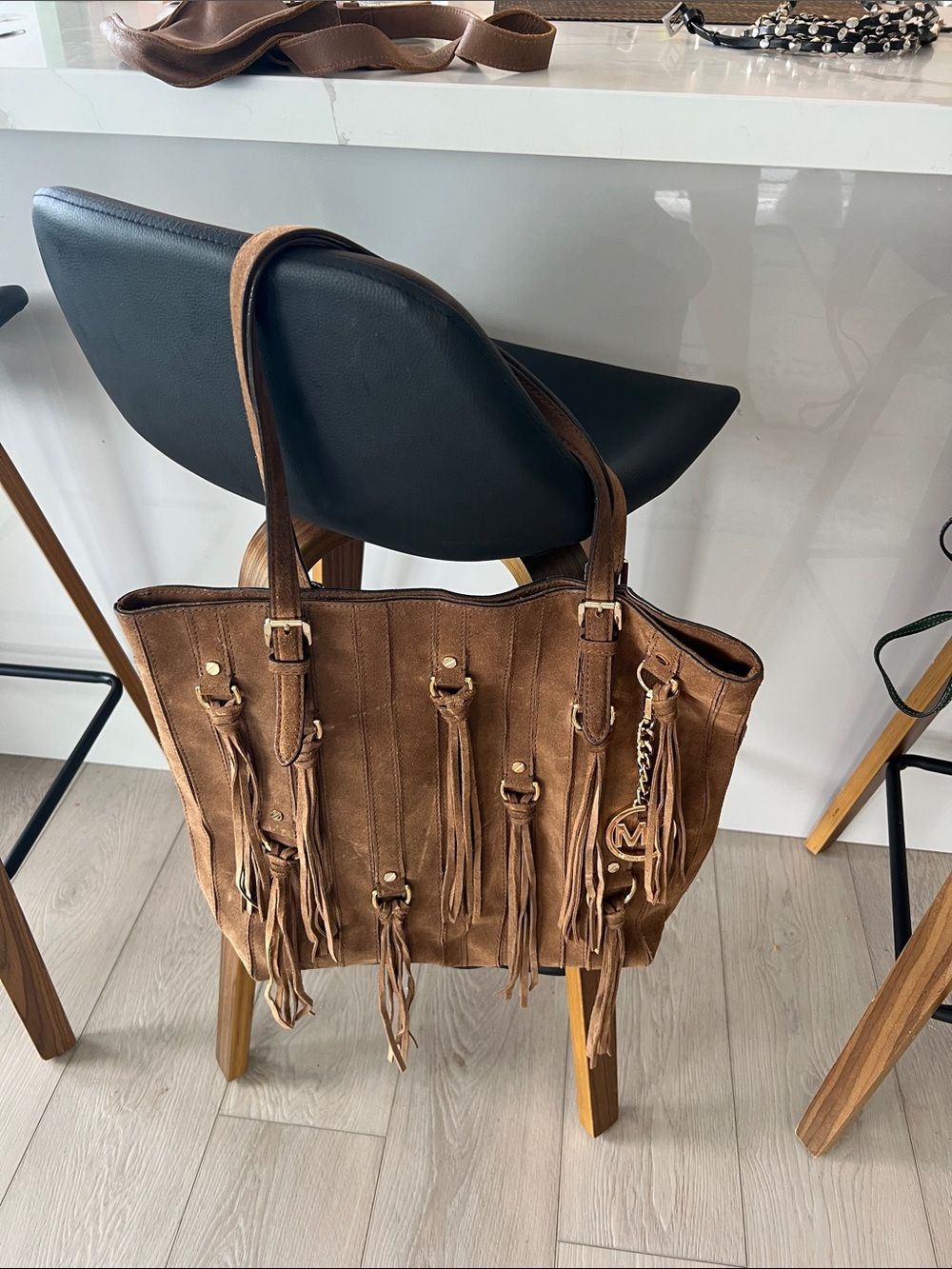 Michael Kors Brown Suede Fringe Tote with MK Charm